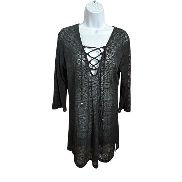 APT. 9 Black Sheer Swimsuit Cover-Up Dress Sz Small Laced Up V-Neck 3/4 Sleeves - Picture 5 of 7